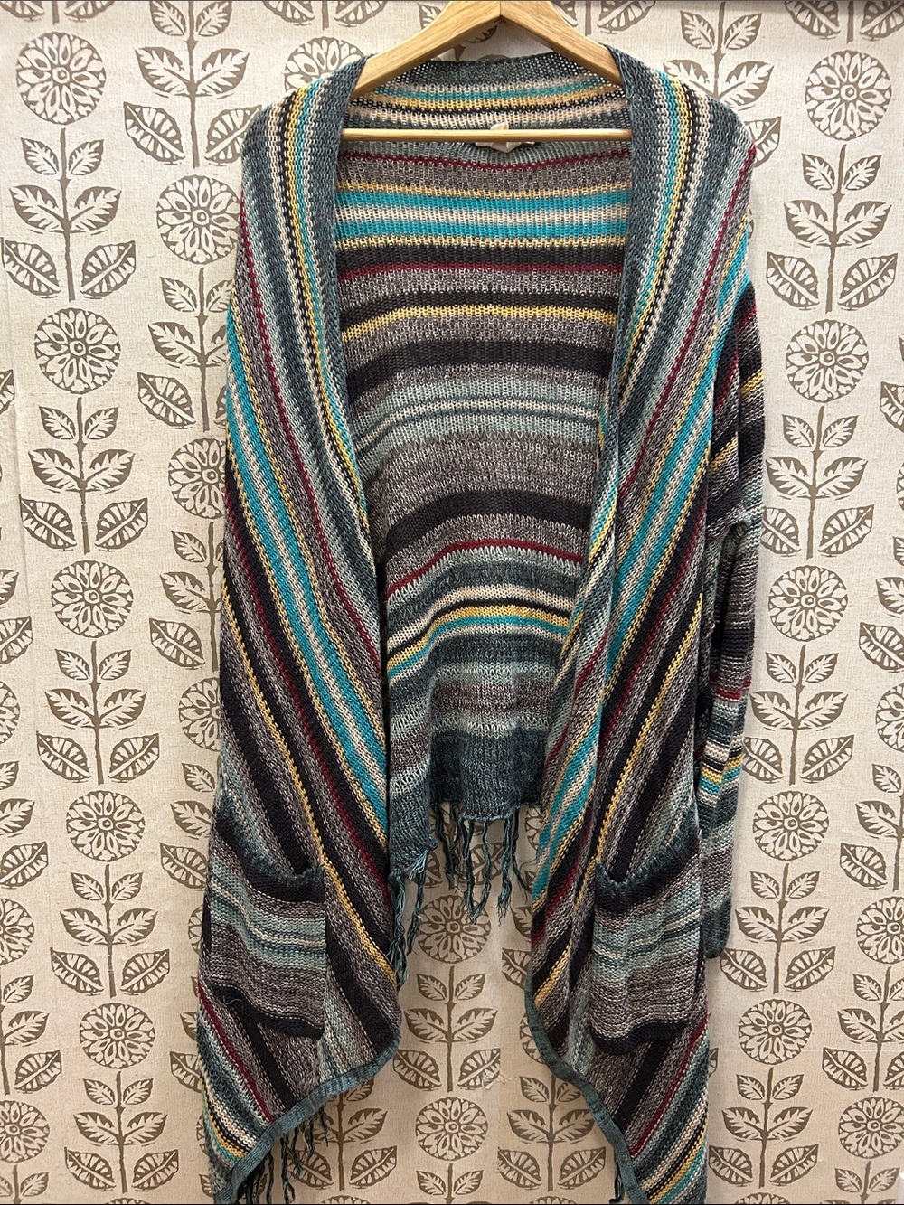 Billabong Striped Shawl Cardigan in Teal, Gray & Maroon